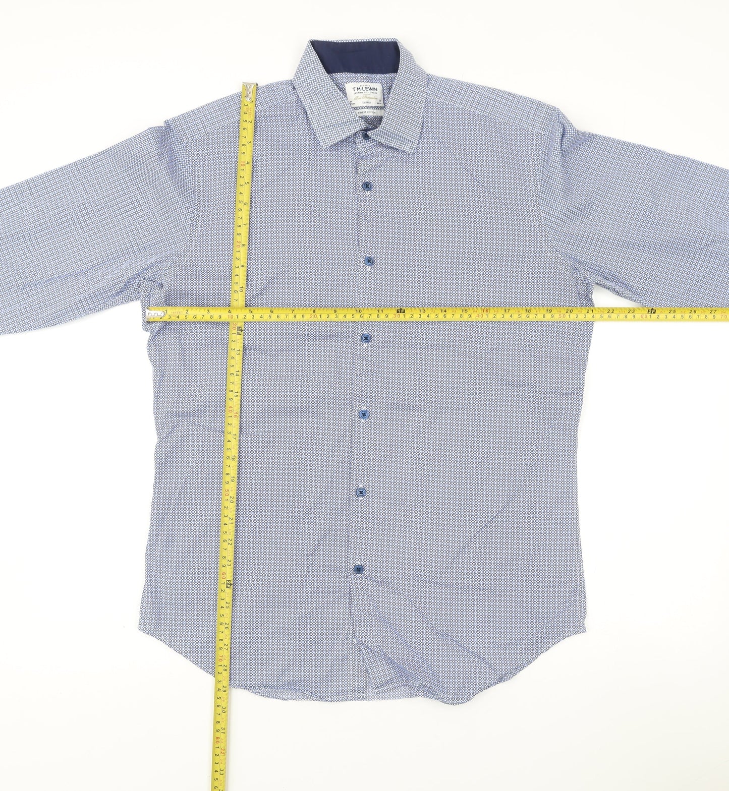 T.M. Lewin Men’s Blue Slim Fit Geometric Formal Cotton Dress Shirt Size 16