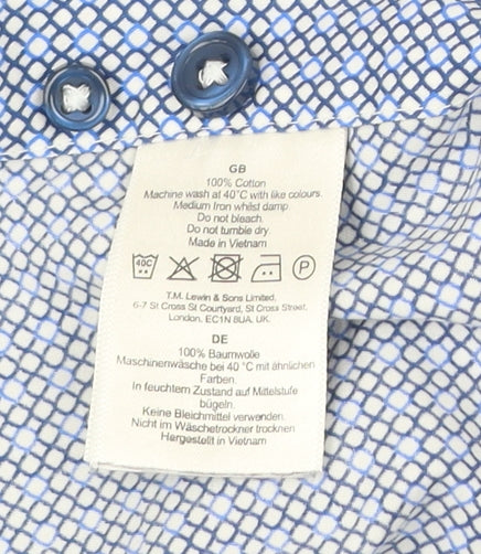 T.M. Lewin Men’s Blue Slim Fit Geometric Formal Cotton Dress Shirt Size 16