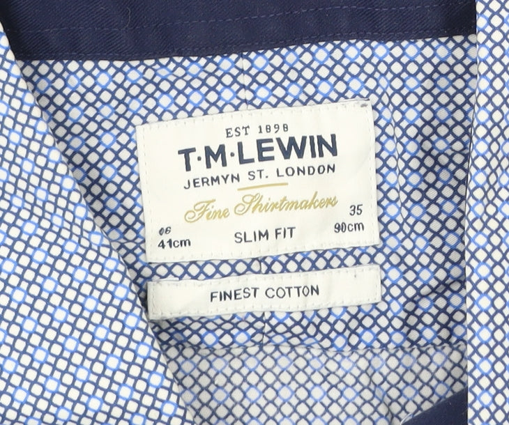 T.M. Lewin Men’s Blue Slim Fit Geometric Formal Cotton Dress Shirt Size 16