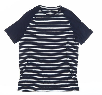Marks and Spencer Men's Blue Striped Crew Neck T-Shirt L