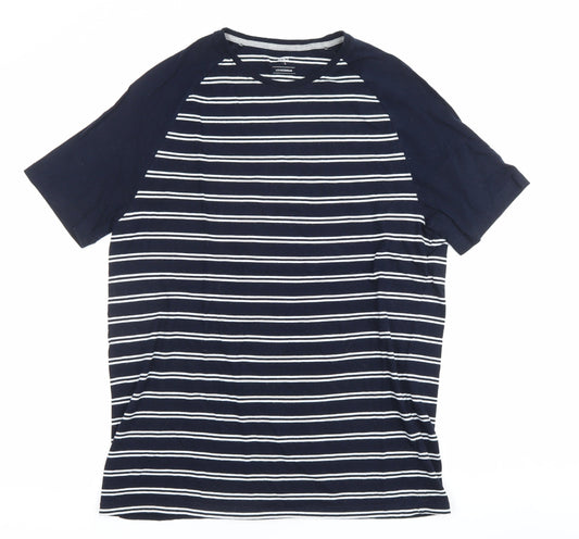 Marks and Spencer Men's Blue Striped Crew Neck T-Shirt L