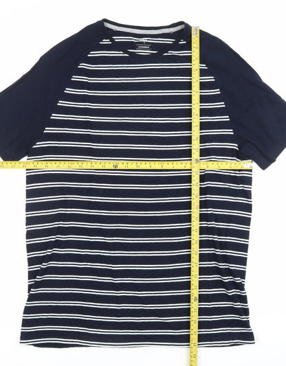 Marks and Spencer Men's Blue Striped Crew Neck T-Shirt L