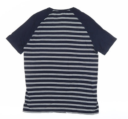 Marks and Spencer Men's Blue Striped Crew Neck T-Shirt L