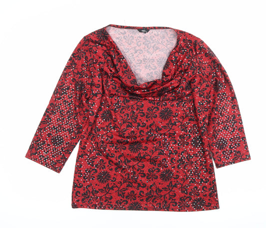 M&Co Women’s Red Floral Sequin Blouse Size 16 Cowl Neck Tunic