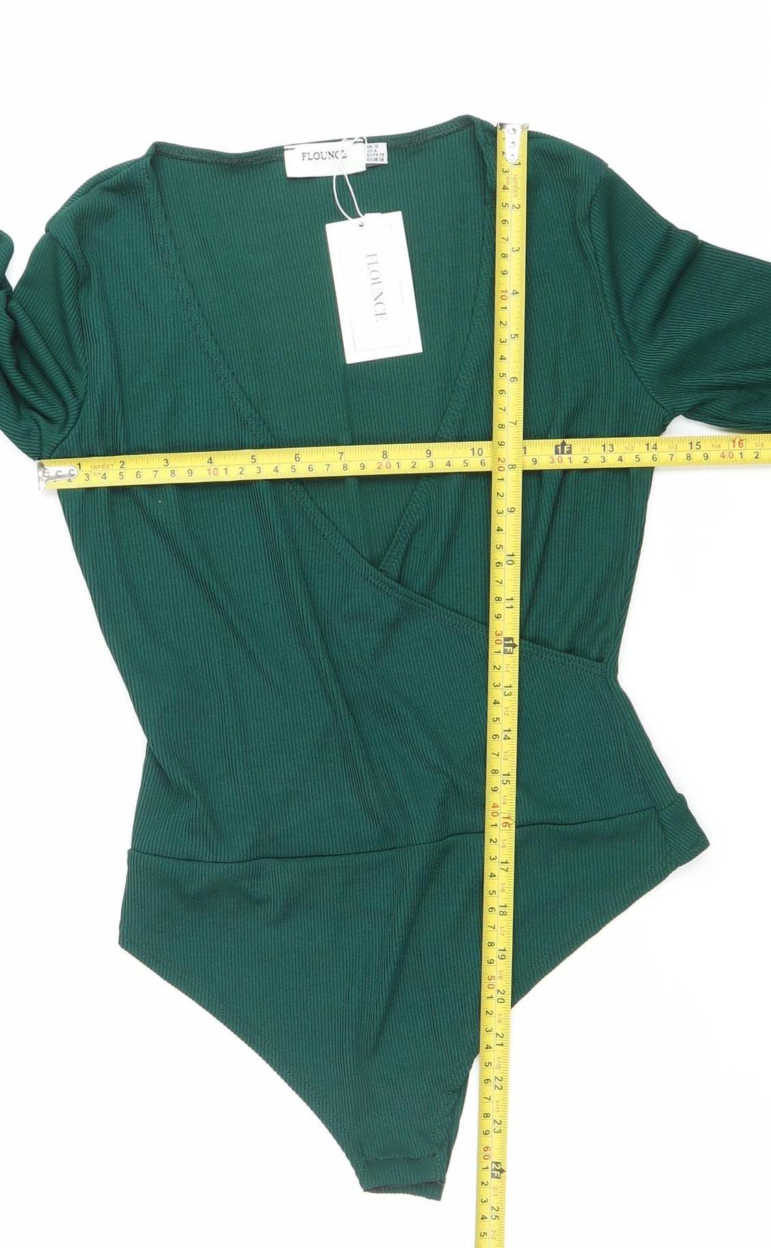 Flounce Womens Green Size 6 Slim Fit Long Sleeve V-Neck Bodysuit
