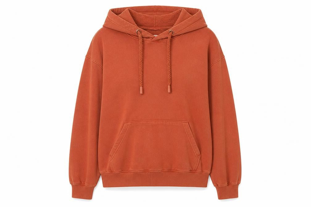Front view of Mango unisex orange pullover hoodie m embroidered logo casual