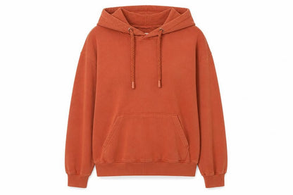 Front view of Mango unisex orange pullover hoodie m embroidered logo casual