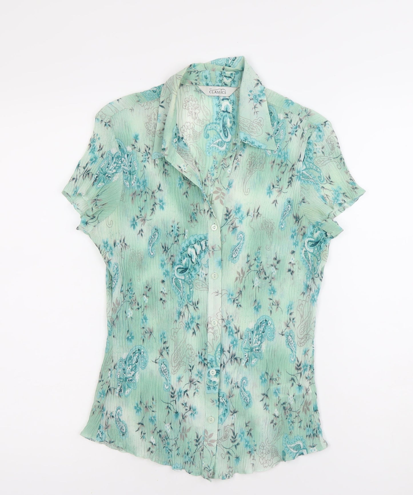 Classics Women’s Green Floral Paisley Button-Up Blouse Size 10