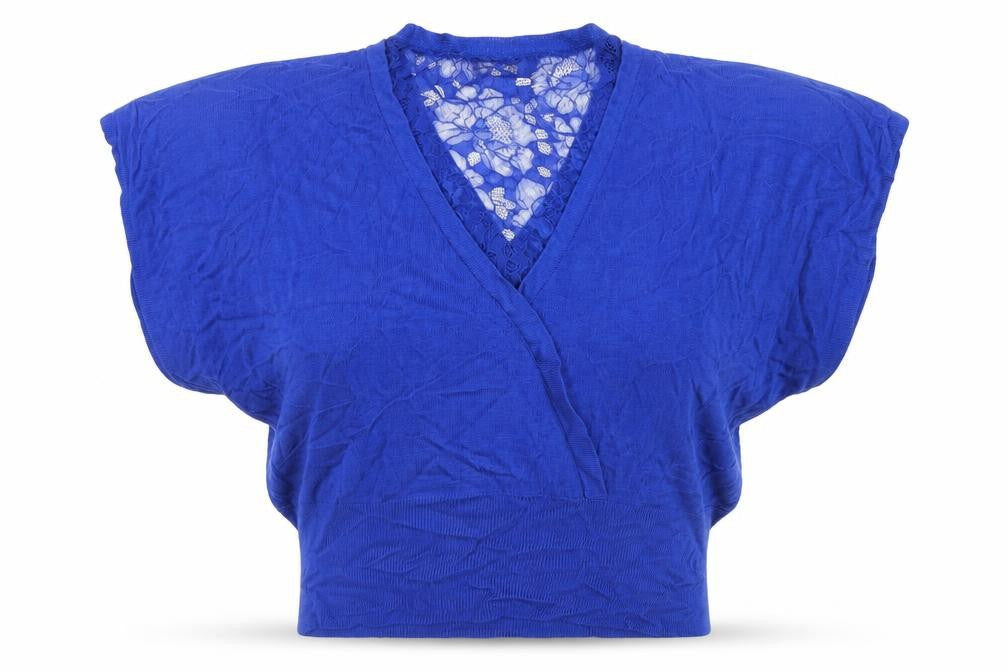 Oasis Women’s Blue Wrap Lace Accent Blouse Size S Viscose Knit