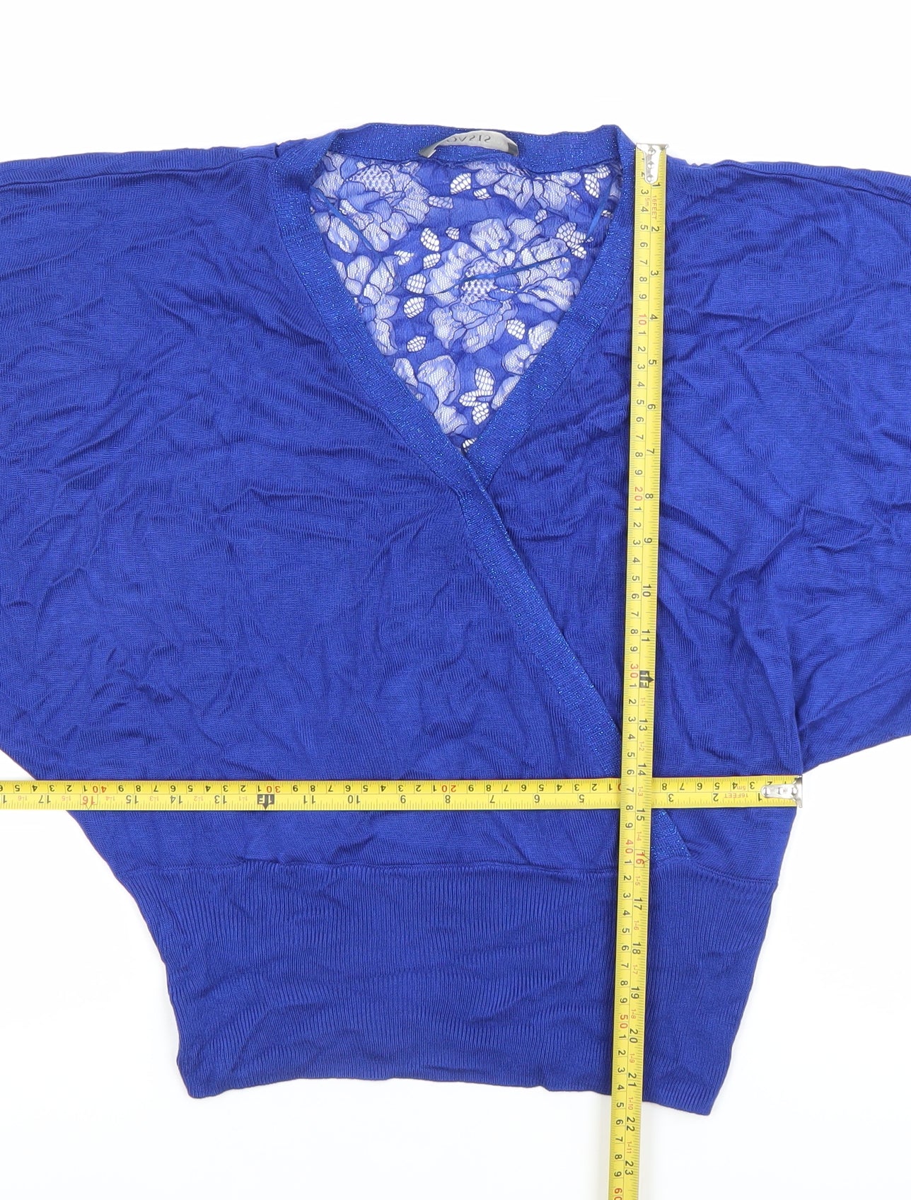 Oasis Women’s Blue Wrap Lace Accent Blouse Size S Viscose Knit