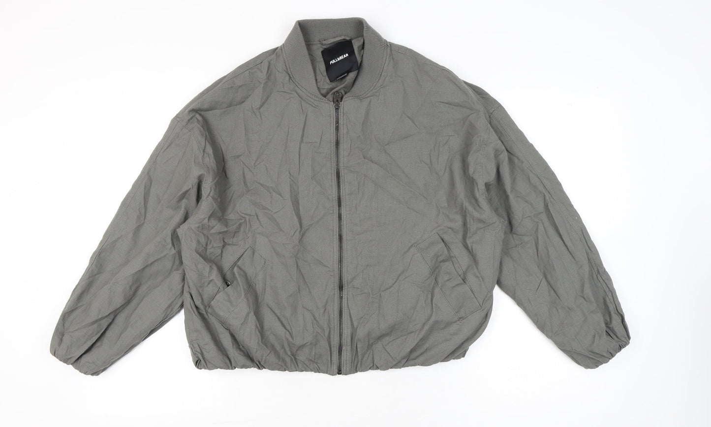 Pull&Bear Women’s Grey Bomber Jacket Size 12 Full Zip Casual