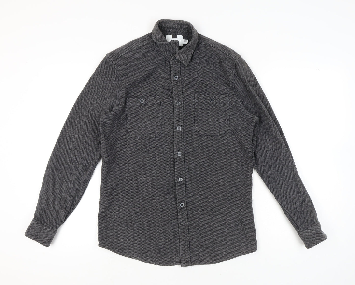 Topman Men's Grey Cotton Herringbone Button-Up Shirt S