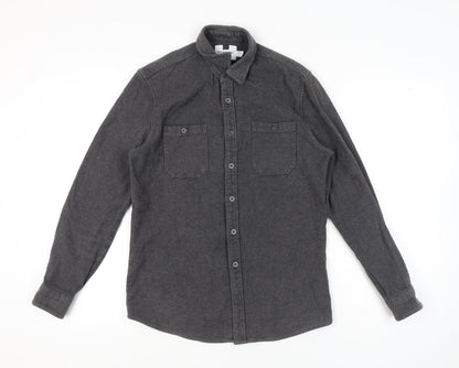 Topman Men's Grey Cotton Herringbone Button-Up Shirt S