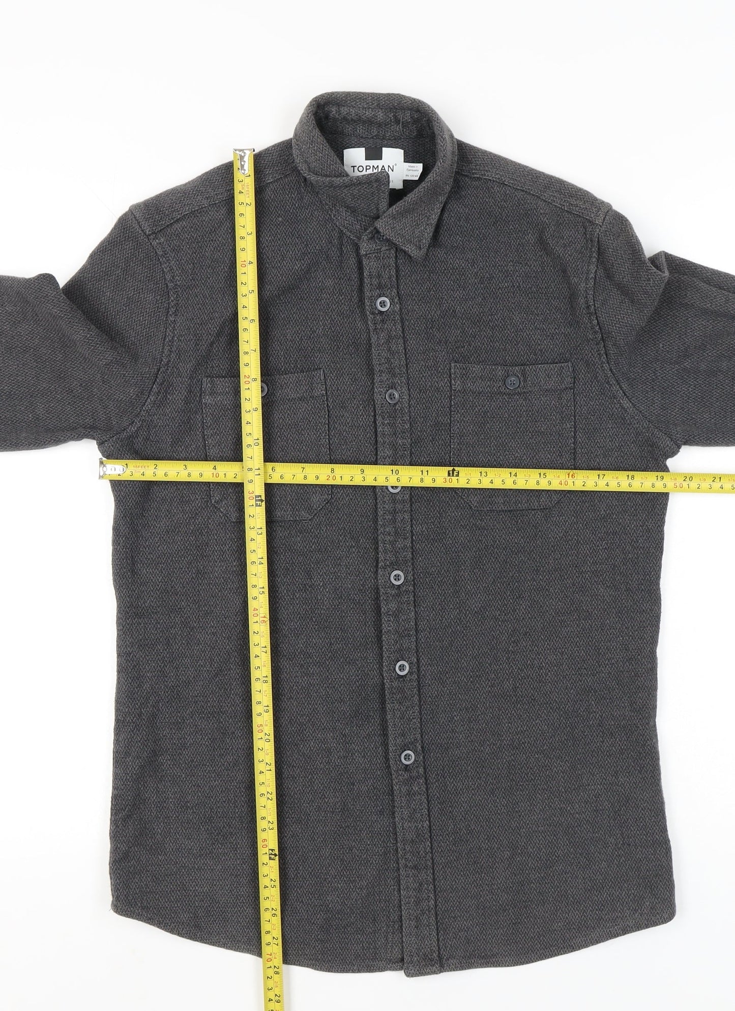 Topman Men's Grey Cotton Herringbone Button-Up Shirt S