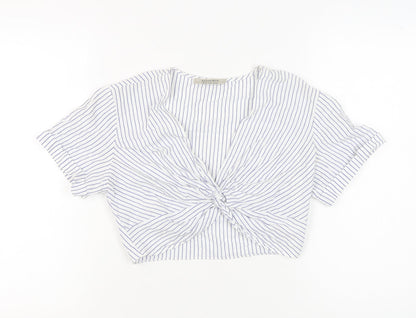 AllSaints Women White Striped Cotton Cropped Blouse Top UK 10