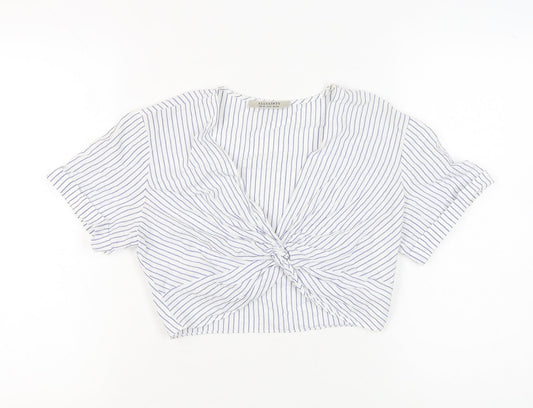 AllSaints Women White Striped Cotton Cropped Blouse Top UK 10