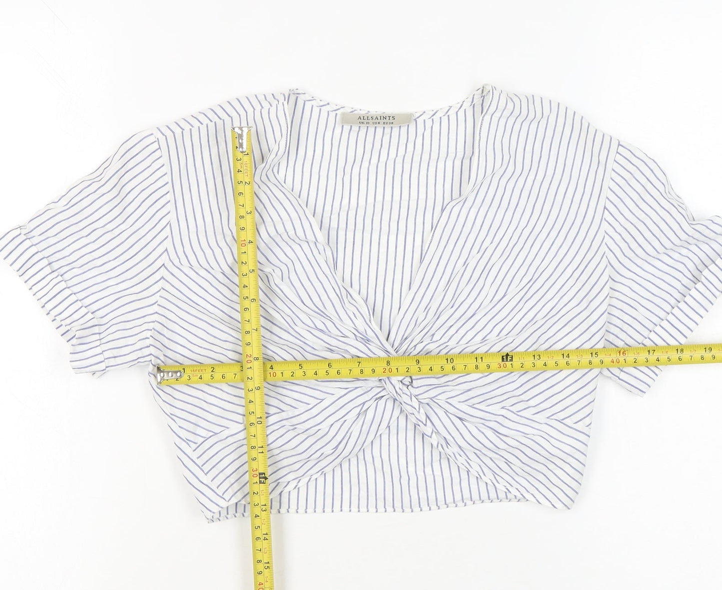 AllSaints Women White Striped Cotton Cropped Blouse Top UK 10