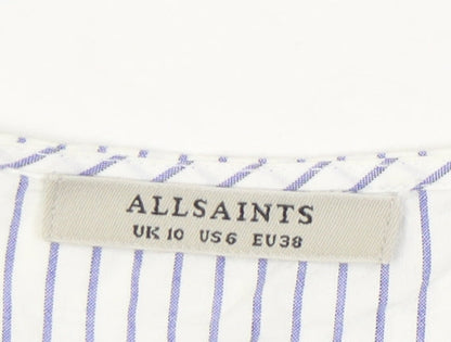 AllSaints Women White Striped Cotton Cropped Blouse Top UK 10