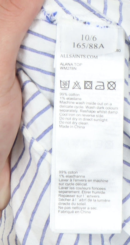 AllSaints Women White Striped Cotton Cropped Blouse Top UK 10