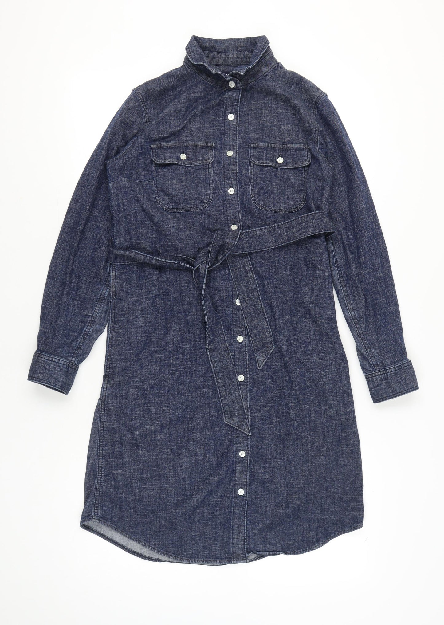 Lands' End Women’s Blue Denim Shirt Dress XS Long Sleeve Belted