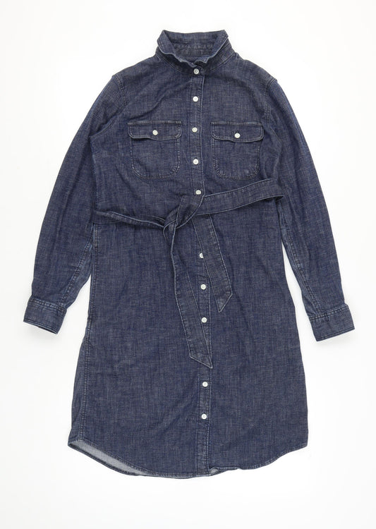Lands' End Women’s Blue Denim Shirt Dress XS Long Sleeve Belted