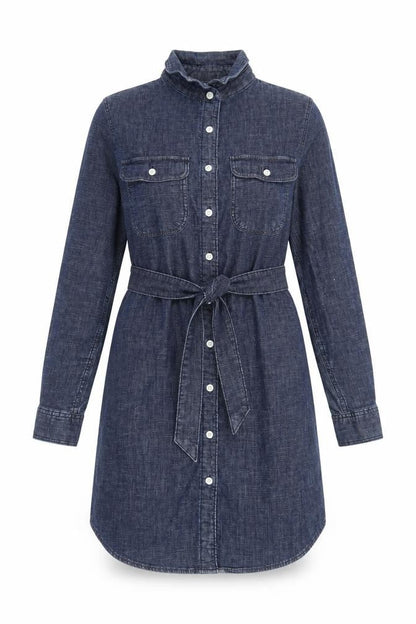 Lands' End Women’s Blue Denim Shirt Dress XS Long Sleeve Belted