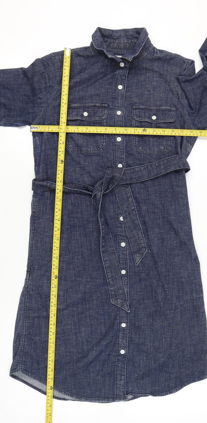 Lands' End Women’s Blue Denim Shirt Dress XS Long Sleeve Belted