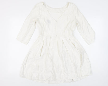 Topshop Women White Size 12 A-Line Knee Length Dress 3/4 Sleeve