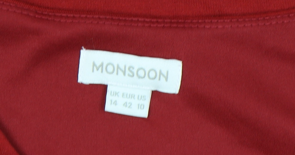 Monsoon Women’s Red Sheath Dress Size 14 V-Neck Half Sleeve Knee Length Stretch