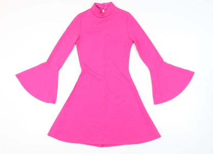 Aftershock London Women’s Pink Size 8 A-Line Mini Dress Retro Bell Sleeve