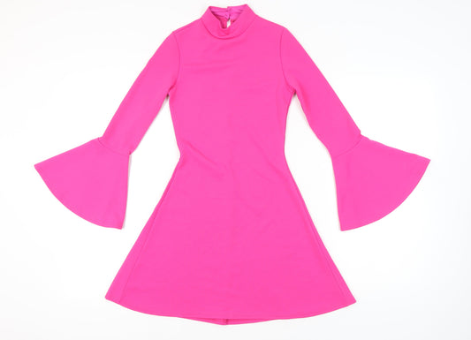 Aftershock London Women’s Pink Size 8 A-Line Mini Dress Retro Bell Sleeve
