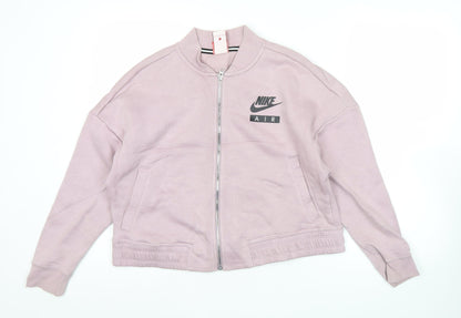 Nike Women Pink Cropped Track Jacket L Relaxed Fit Full Zip Cotton Blend