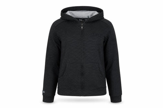 Front view of Adidas women’s black hoodie, size UK 8, full zip sports jacket