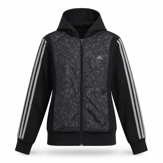 Front view of Adidas women’s black, size UK 6, full zip hooded sports hoodie jacket