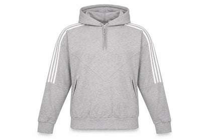 Front view of Adidas men’s grey pullover hoodie, size M, sports casual hooded sweatshirt