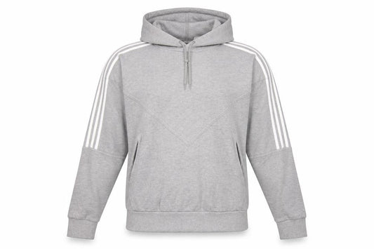Front view of Adidas men’s grey pullover hoodie, size M, sports casual hooded sweatshirt