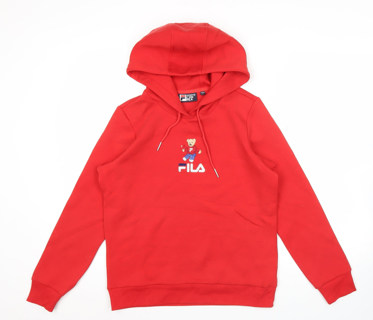 Fila Womens Red Hoodie Size 10 UK Bear Embroidered Pullover