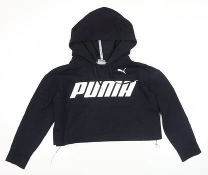 Puma Womens Black Pullover Hoodie S Logo Print Cotton Blend