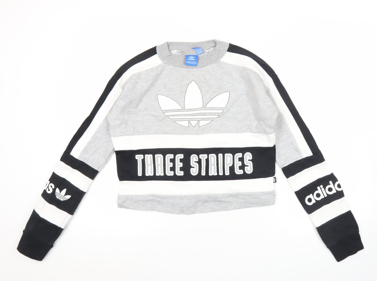 adidas Women’s Grey Black Three Stripes Sweatshirt UK 8 Crew Neck