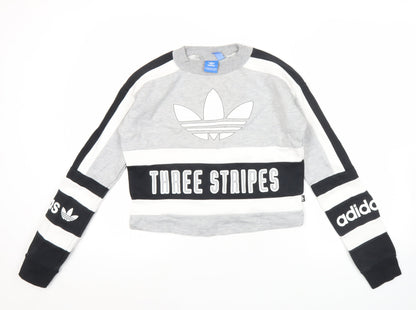 adidas Women’s Grey Black Three Stripes Sweatshirt UK 8 Crew Neck