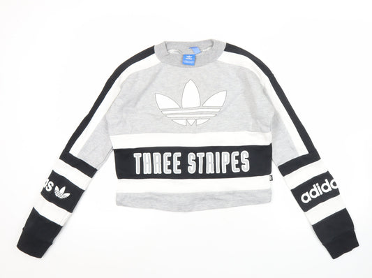 adidas Women’s Grey Black Three Stripes Sweatshirt UK 8 Crew Neck