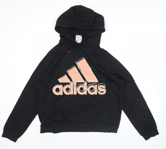 Adidas Women Black Hoodie Size UK 10 Pullover Logo Cotton Blend