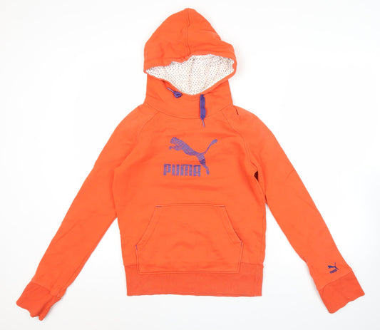 Puma Womens Orange Hoodie M Pullover Cotton Blend Logo Sportswear