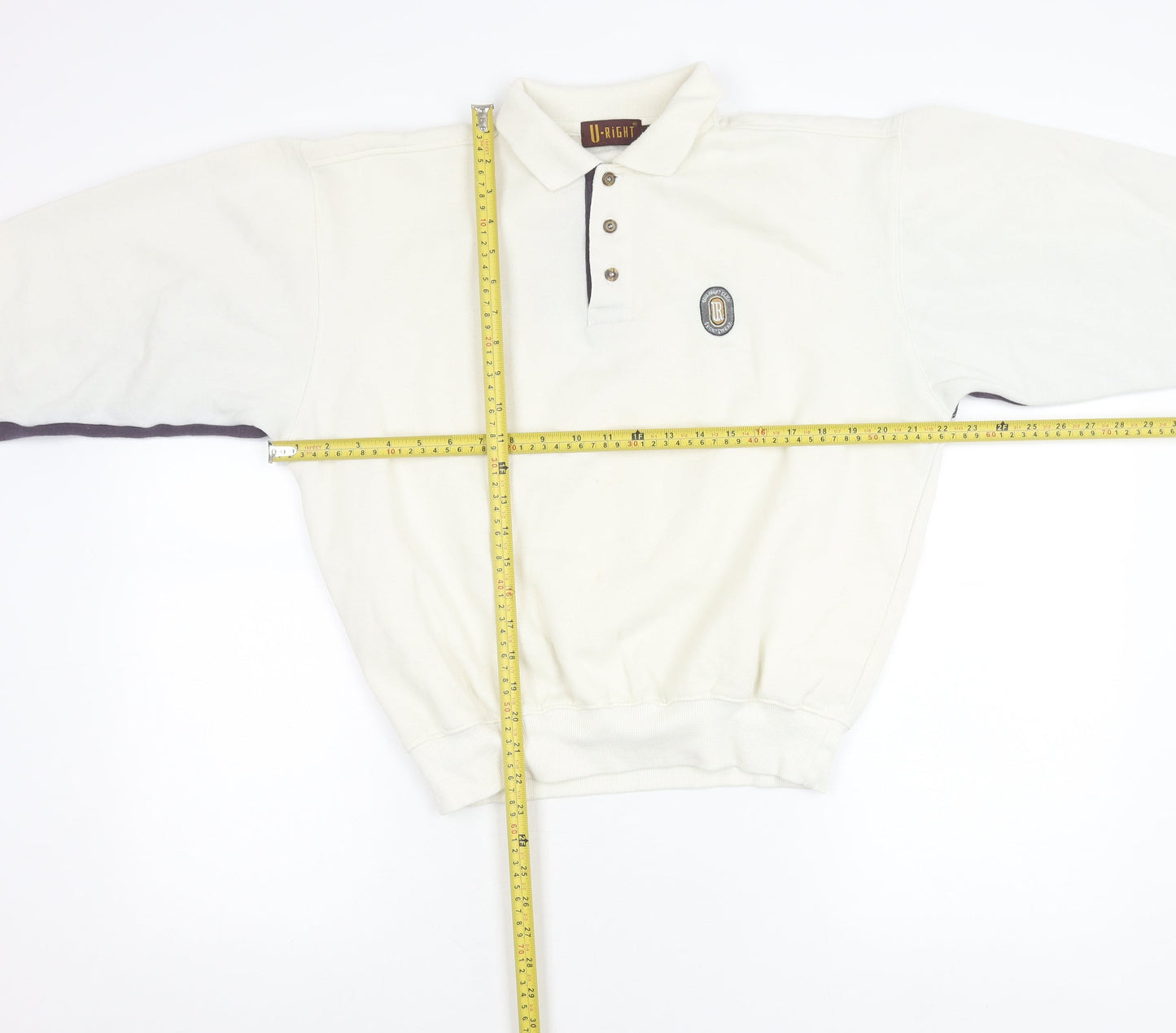 U-Right Men’s White Collared Henley Sweatshirt M Retro Graphic Sportswear