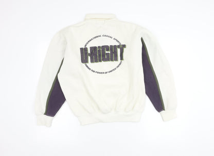 U-Right Men’s White Collared Henley Sweatshirt M Retro Graphic Sportswear