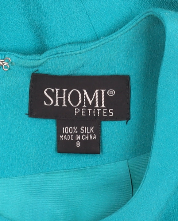 Shomi Petites Womens Blue Silk Shift Dress Size 8 Short Sleeve