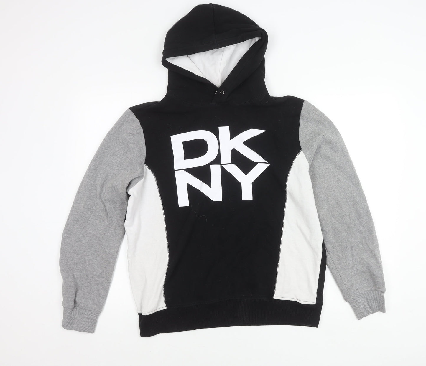 DKNY Womens Black Grey White Pullover Hoodie M Logo Casual Fleece
