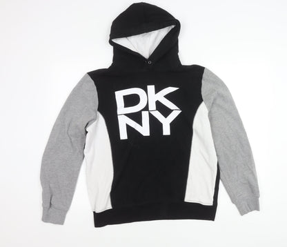 DKNY Womens Black Grey White Pullover Hoodie M Logo Casual Fleece