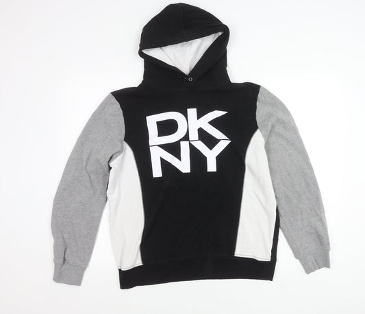 DKNY Womens Black Grey White Pullover Hoodie M Logo Casual Fleece