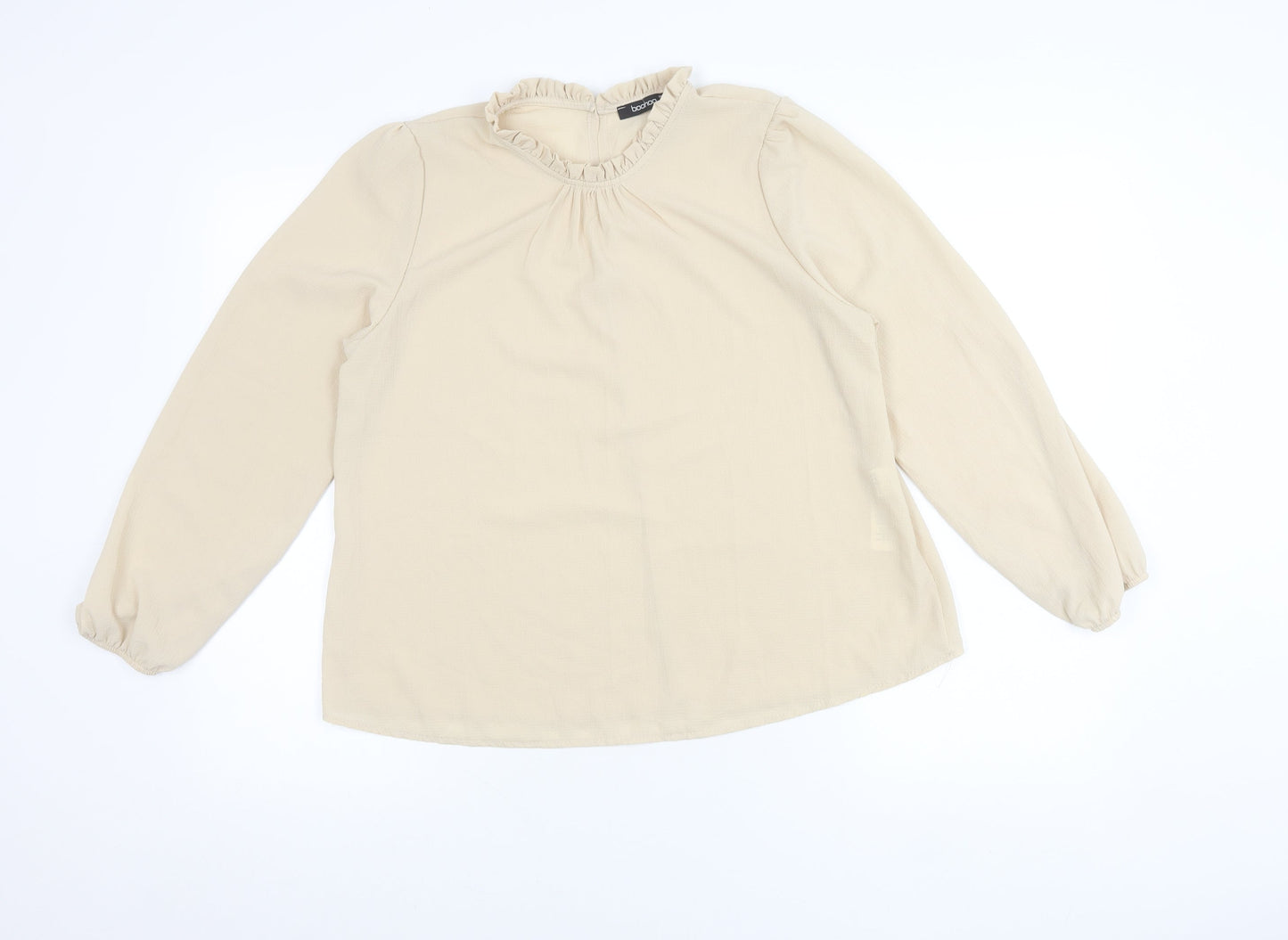 Boohoo Women’s Beige Ruffle Blouse UK 10 Long Sleeve Workwear Top